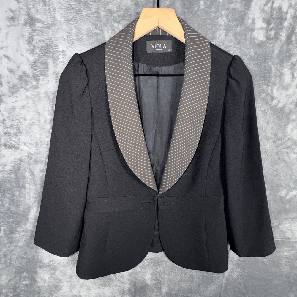 Viola Womens Blazer Jacket‎ Black Size 8 Striped Shawl Collar Puffed Sleeve